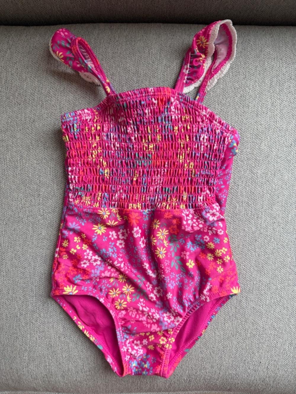 3t EUC Wave Zone Girls Bright Pink Floral One-Piece Swimsuit with Smocked Bodice